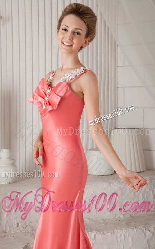 Watermelon Spaghetti Straps Floral Bowknot Court Train Prom Evening Dress
