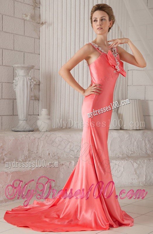 Watermelon Spaghetti Straps Floral Bowknot Court Train Prom Evening Dress