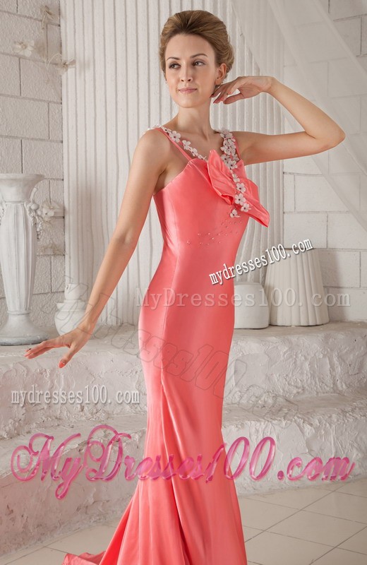 Watermelon Spaghetti Straps Floral Bowknot Court Train Prom Evening Dress