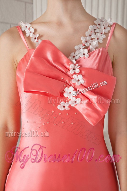 Watermelon Spaghetti Straps Floral Bowknot Court Train Prom Evening Dress