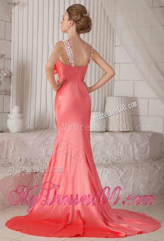 Watermelon Spaghetti Straps Floral Bowknot Court Train Prom Evening Dress