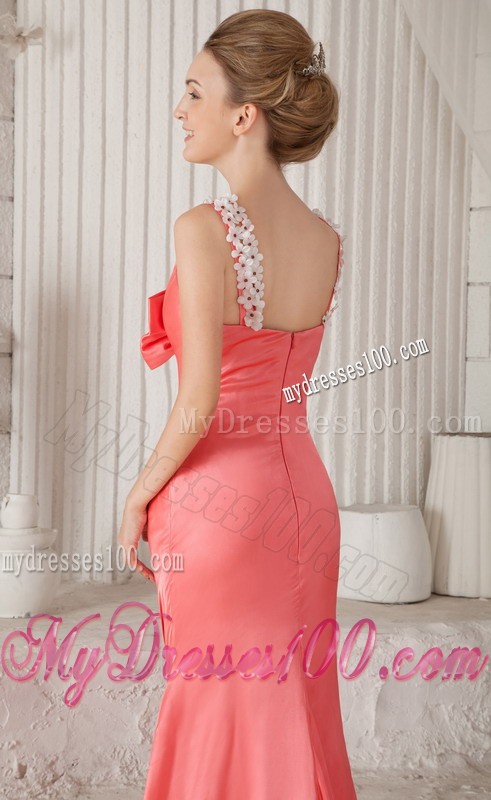 Watermelon Spaghetti Straps Floral Bowknot Court Train Prom Evening Dress