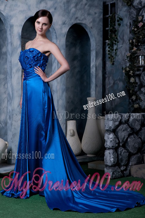 Unique Floral Decorate Strapless Royal Blue Prom Dress for Women