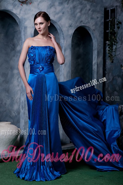 Unique Floral Decorate Strapless Royal Blue Prom Dress for Women