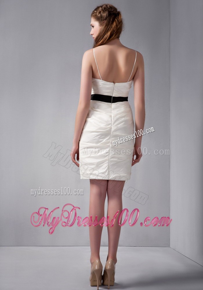 Mini-length Ruching Dress for Prom in White Decorated with Black Sash