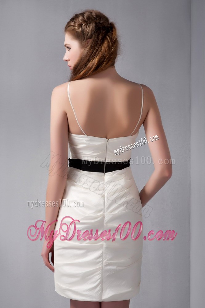 Mini-length Ruching Dress for Prom in White Decorated with Black Sash
