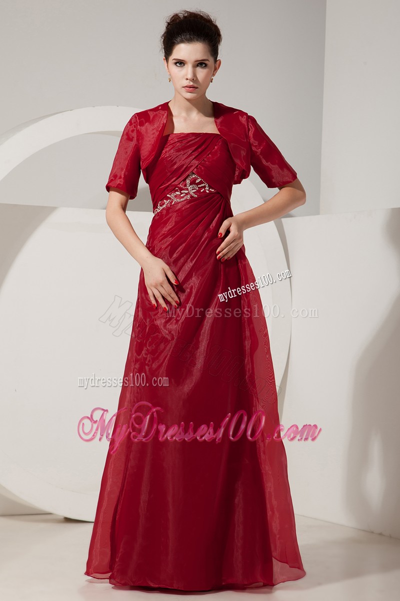 Ruche Appliques Wine Red Strapless Prom Dress Floor Length with Short Jacket