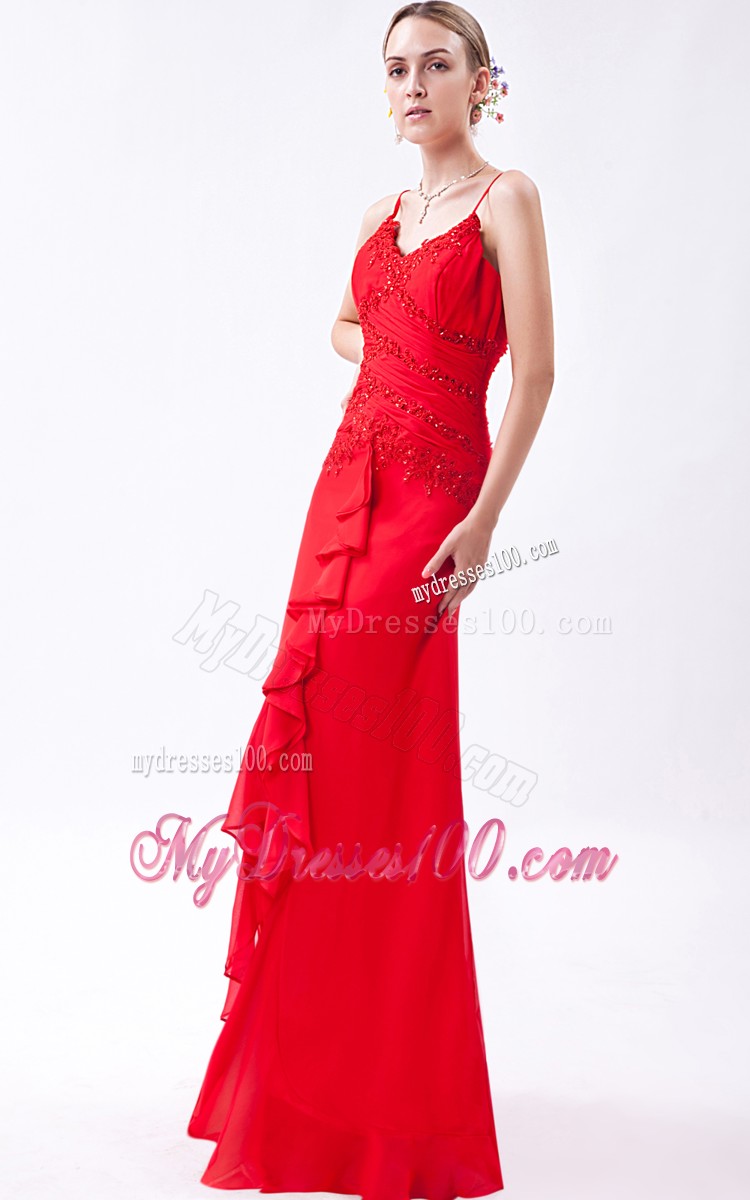 Spaghetti Straps Prom Dress in Hot Pink with Ruffles and Beadings