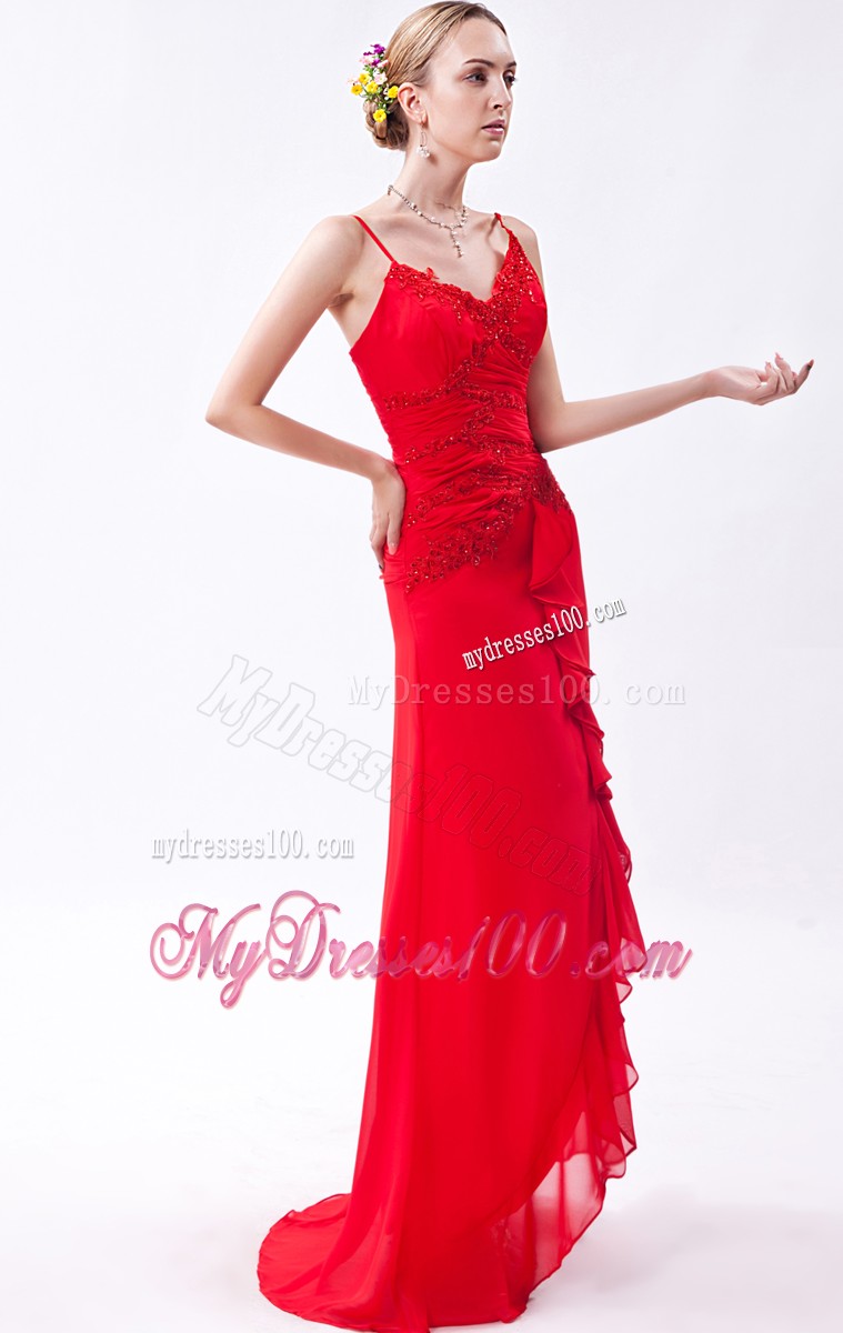 Spaghetti Straps Prom Dress in Hot Pink with Ruffles and Beadings