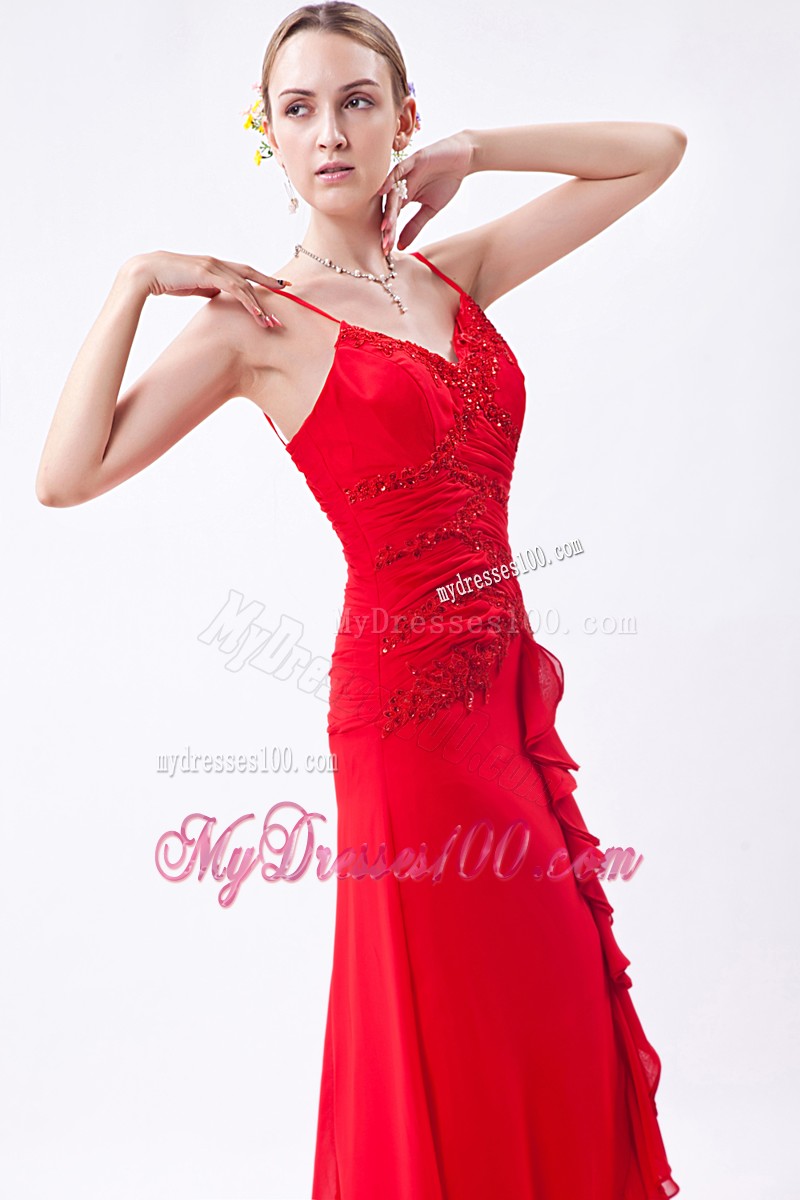 Spaghetti Straps Prom Dress in Hot Pink with Ruffles and Beadings