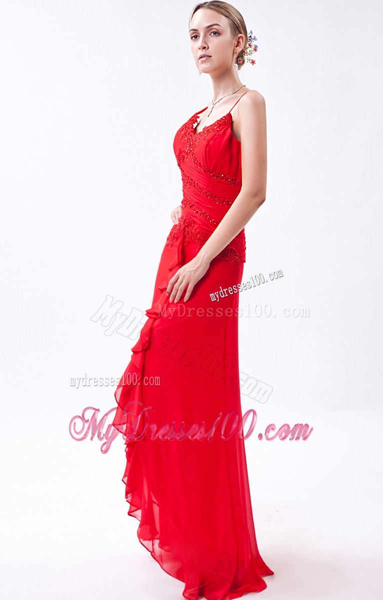 Spaghetti Straps Prom Dress in Hot Pink with Ruffles and Beadings