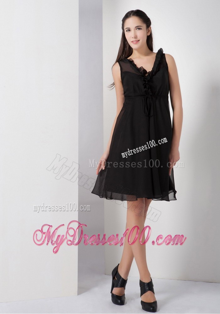 Black A-line V-neck Little Black Dress with Knee-length and Straps