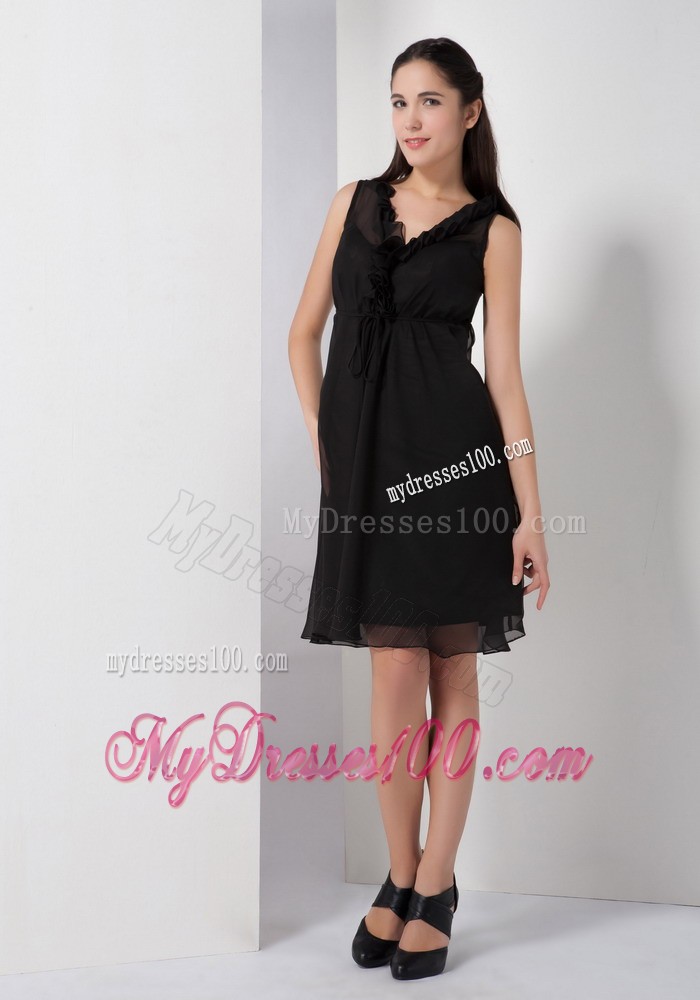 Black A-line V-neck Little Black Dress with Knee-length and Straps