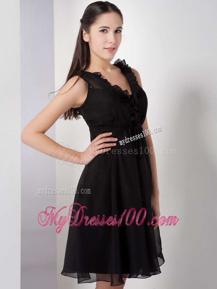 Black A-line V-neck Little Black Dress with Knee-length and Straps