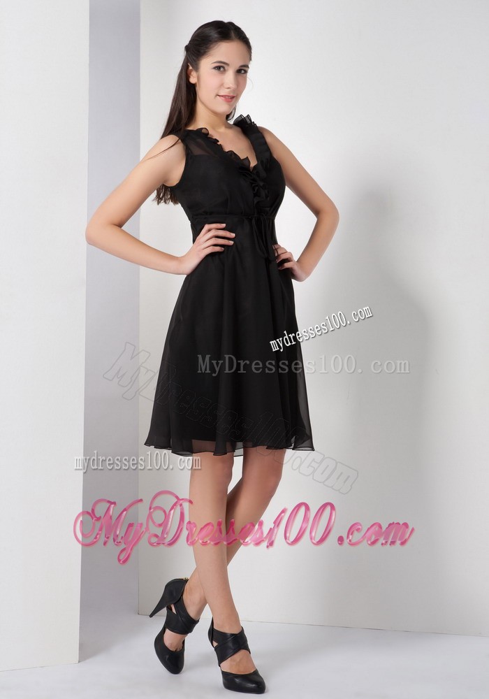 Black A-line V-neck Little Black Dress with Knee-length and Straps