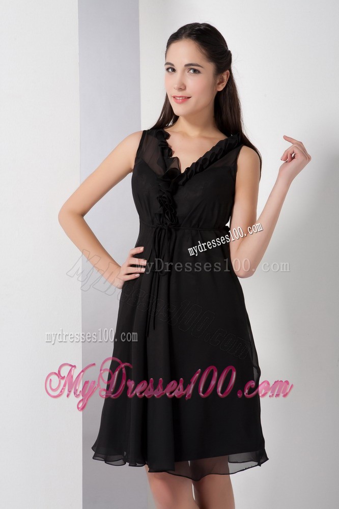 Black A-line V-neck Little Black Dress with Knee-length and Straps
