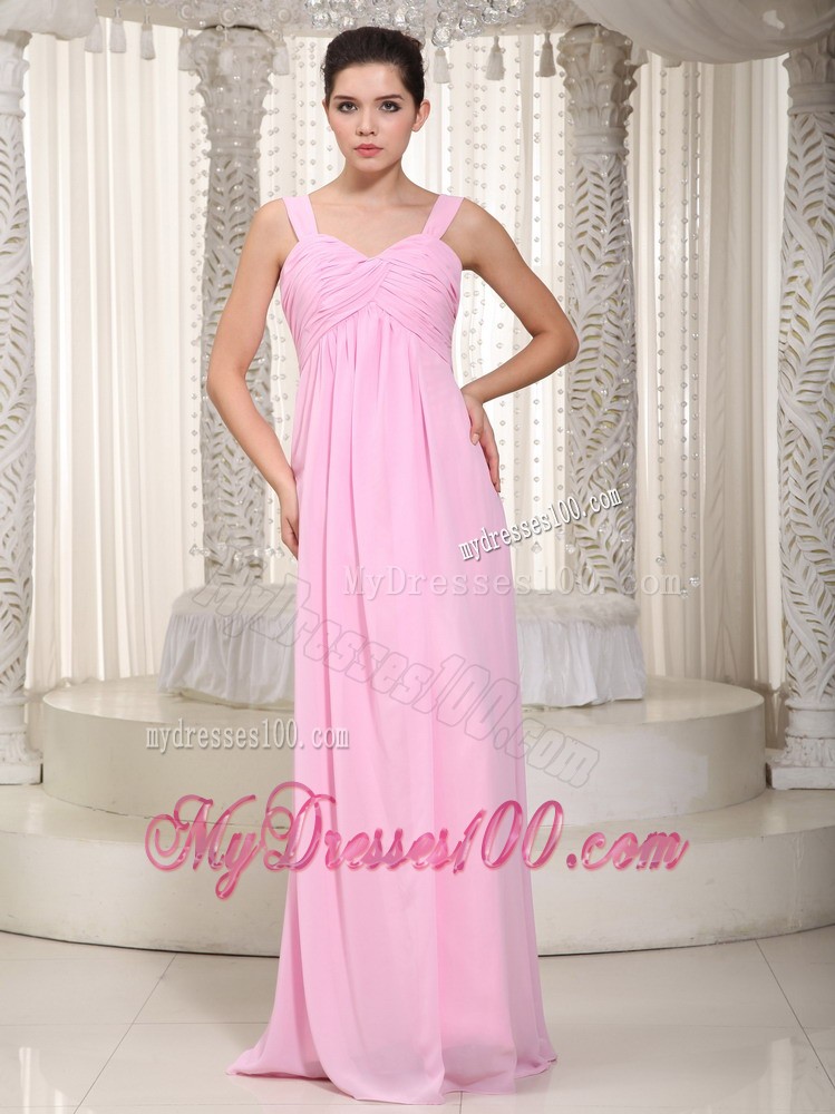 Baby Pink Empire Straps Floor-length Ruched Prom Dress