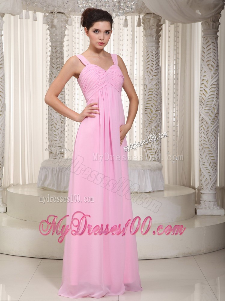 Baby Pink Empire Straps Floor-length Ruched Prom Dress