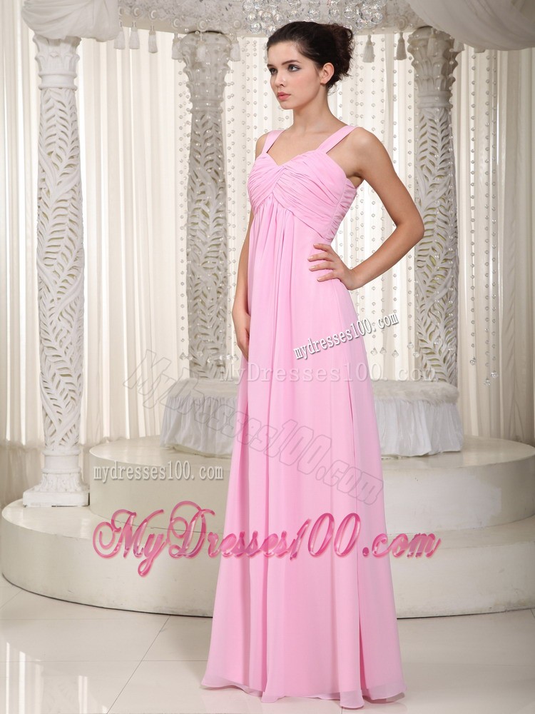 Baby Pink Empire Straps Floor-length Ruched Prom Dress