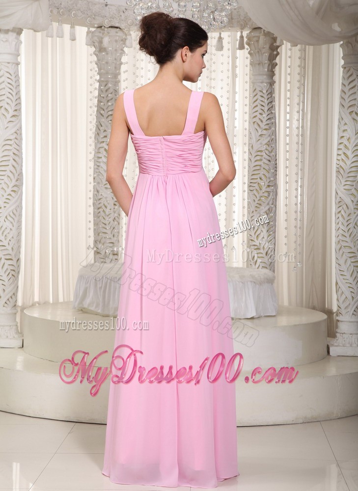 Baby Pink Empire Straps Floor-length Ruched Prom Dress