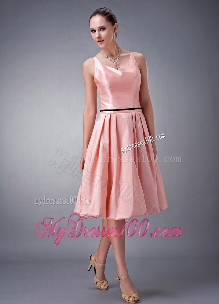 Thin Black Sash Princess V-neck Bridesmaid Dress with Straps