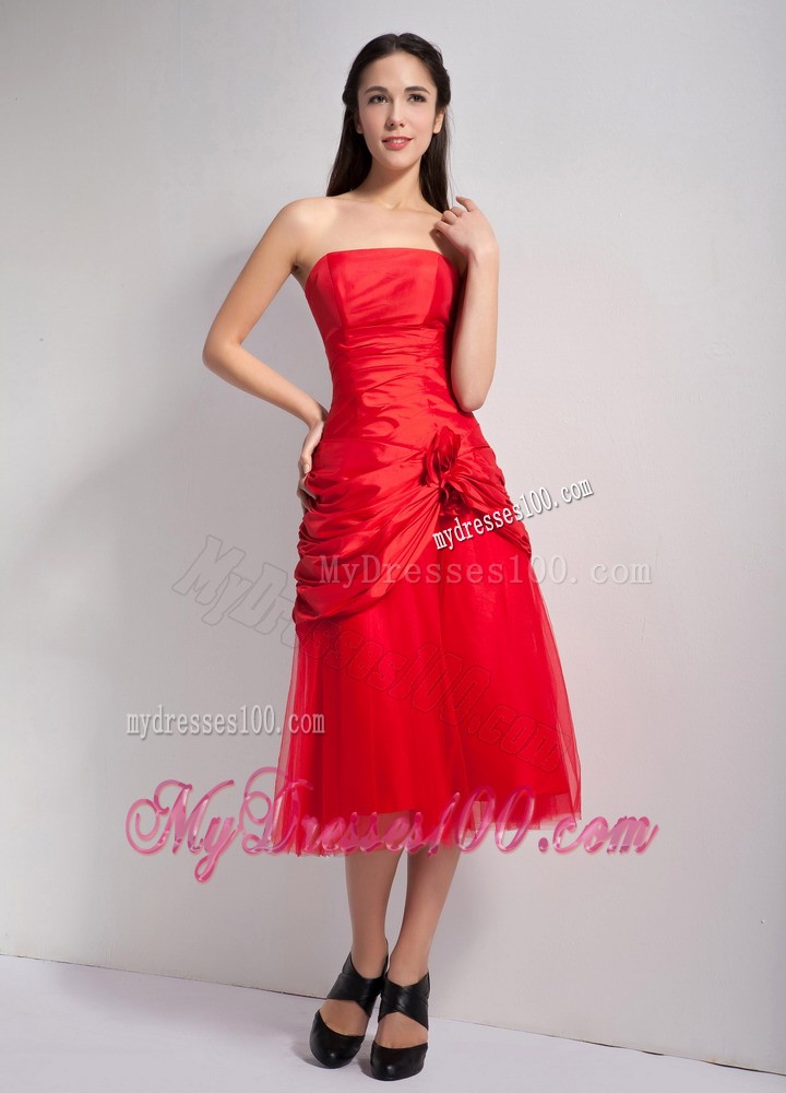 Red A-line Strapless Hand Made Flowers Prom Holiday Dress