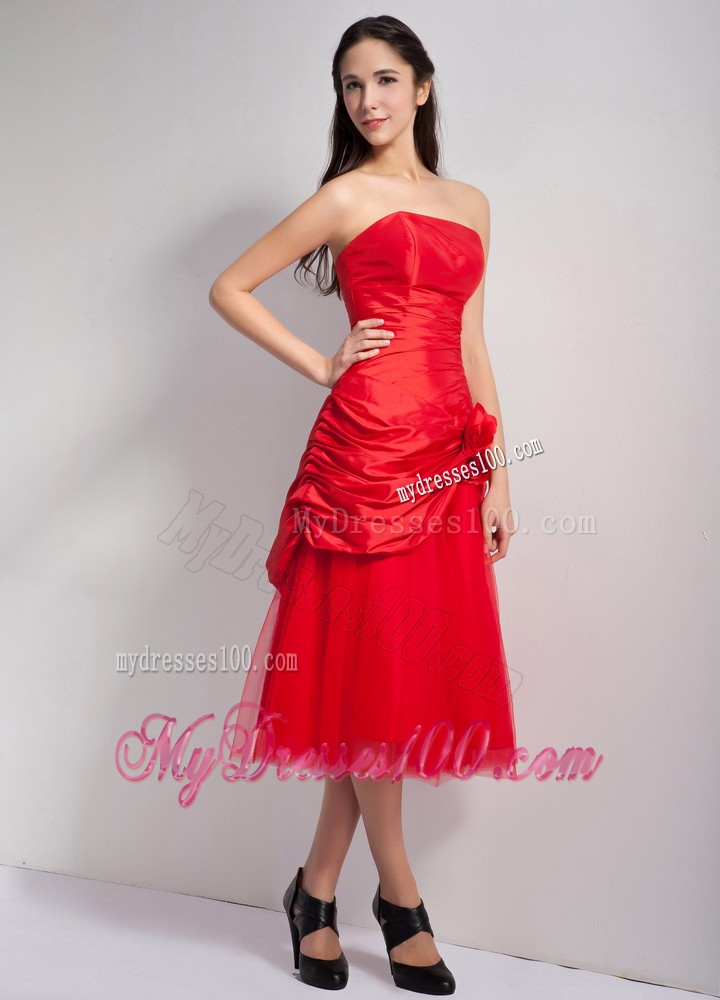 Red A-line Strapless Hand Made Flowers Prom Holiday Dress
