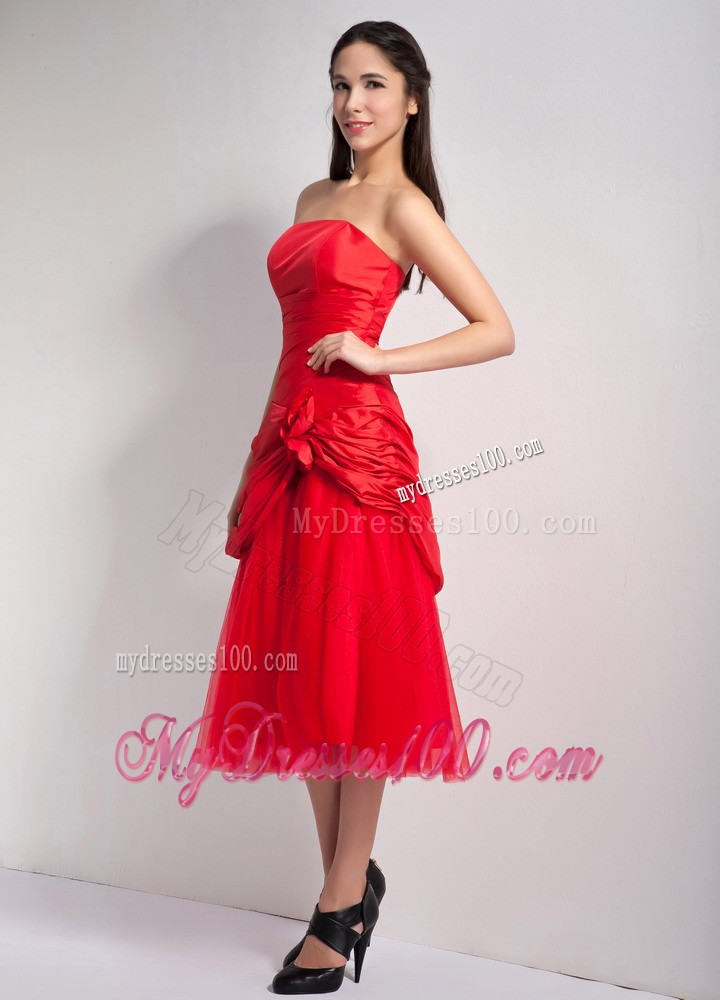 Red A-line Strapless Hand Made Flowers Prom Holiday Dress