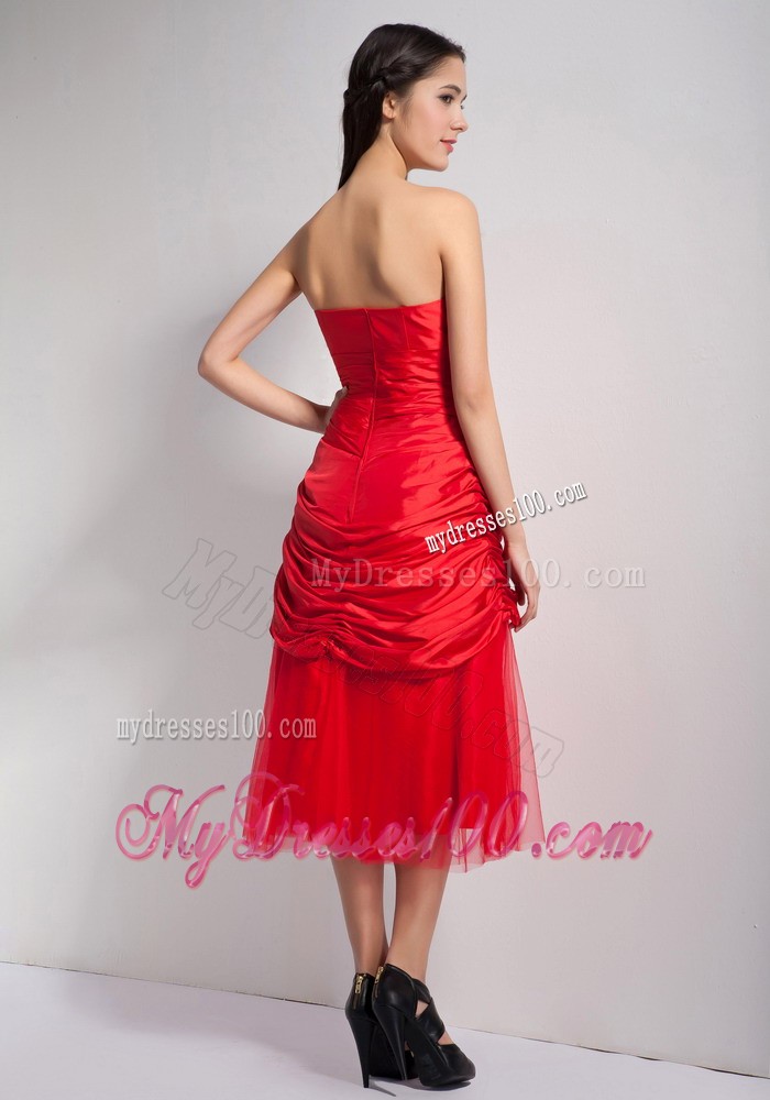 Red A-line Strapless Hand Made Flowers Prom Holiday Dress