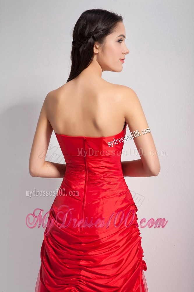 Red A-line Strapless Hand Made Flowers Prom Holiday Dress