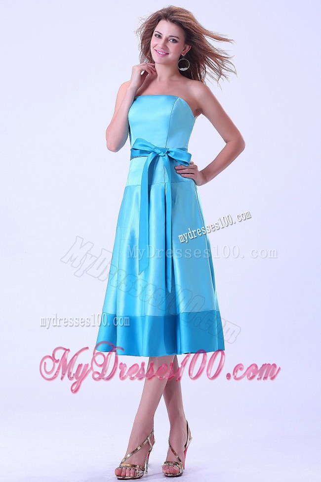 Aqua Blue A Line Bridemaid Dress With Sash to Tea-length