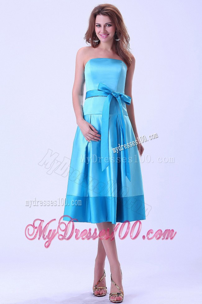 Aqua Blue A Line Bridemaid Dress With Sash to Tea-length