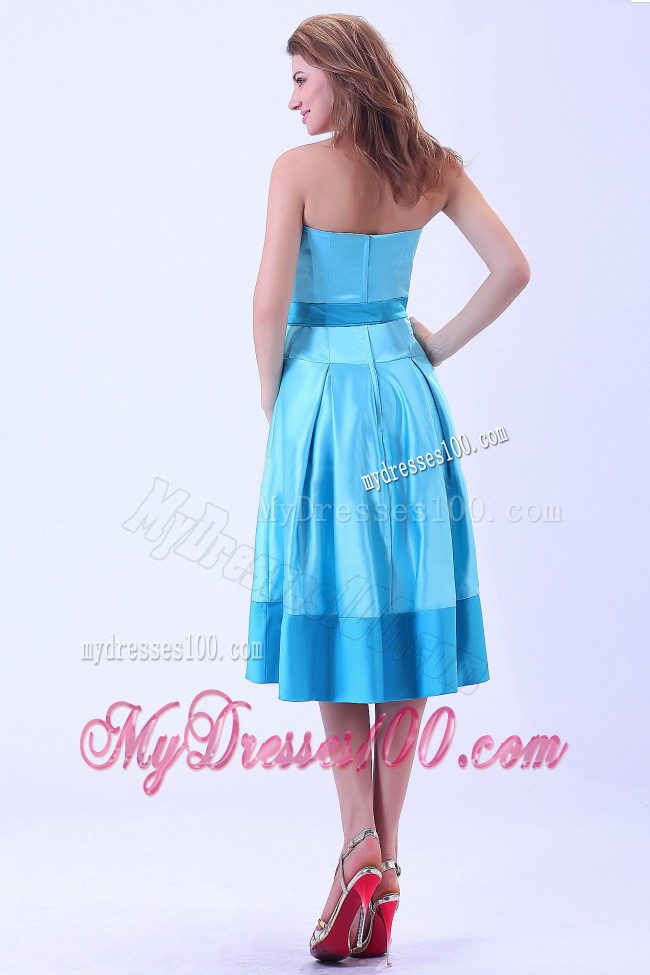 Aqua Blue A Line Bridemaid Dress With Sash to Tea-length