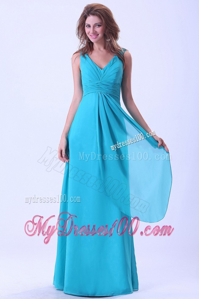 Aqua Blue Straps Forming V-neck Prom Dress to Floor