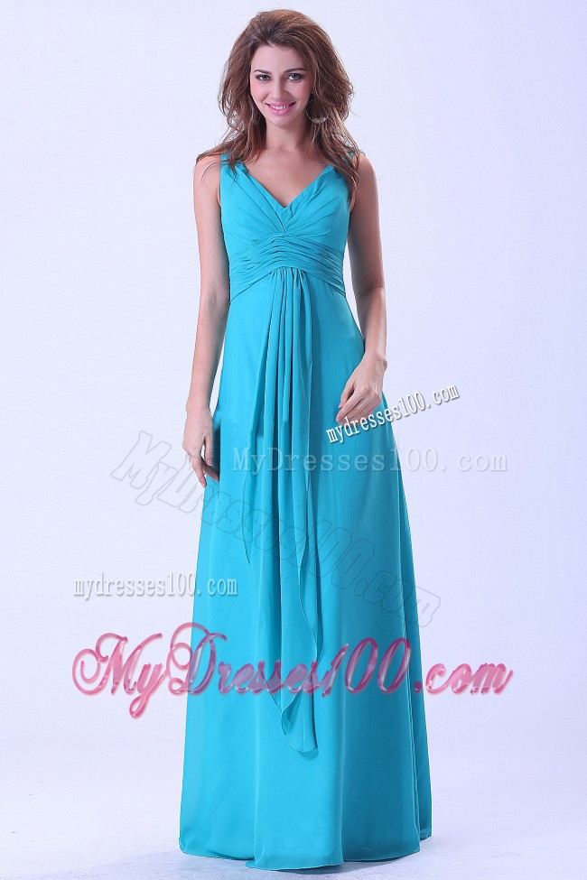 Aqua Blue Straps Forming V-neck Prom Dress to Floor