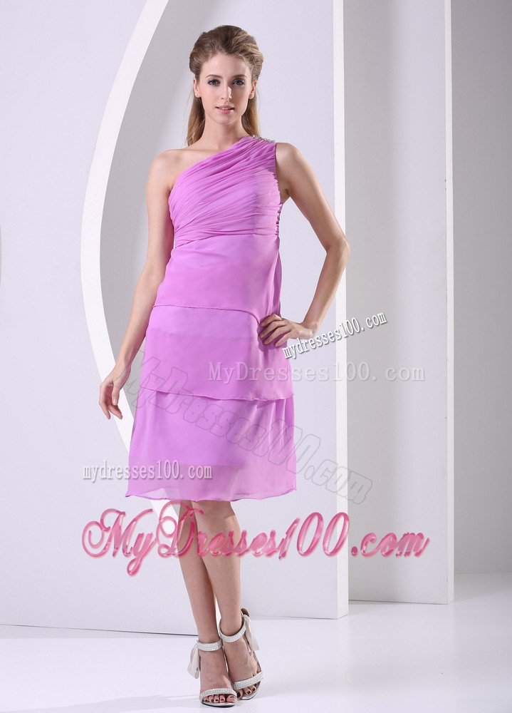 Beaded and Layers One Shoulder Lavender Knee-length