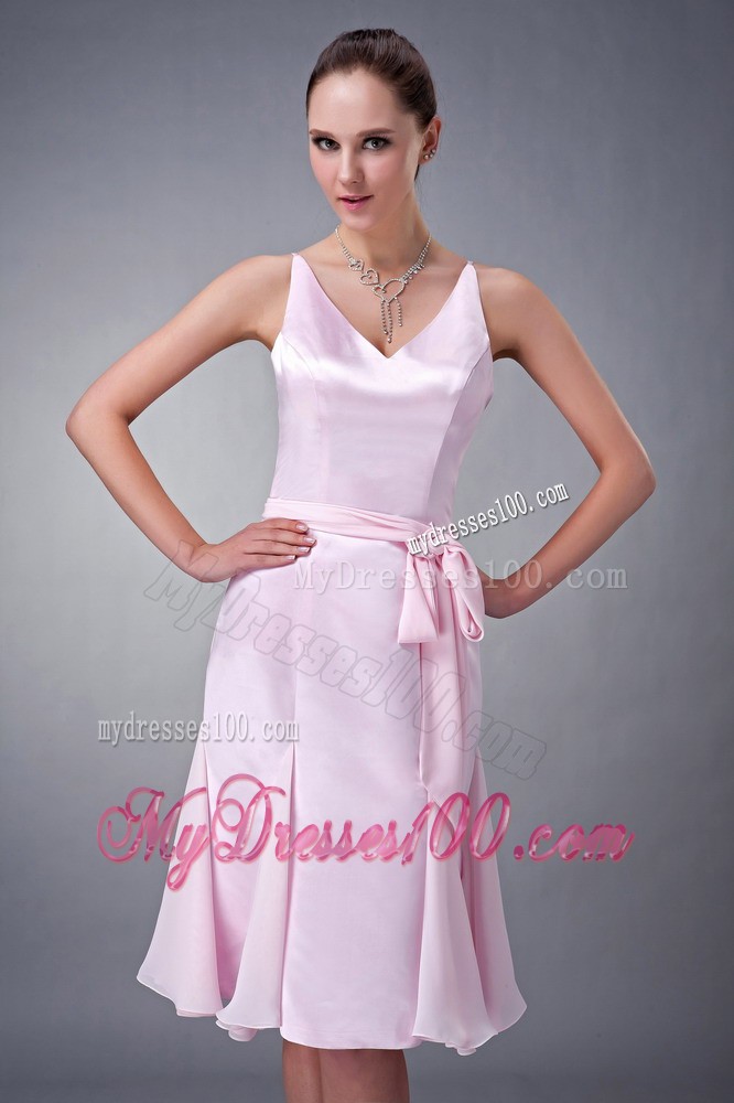Baby Pink Column V-neck Knee-length Dress for Bridesmaid