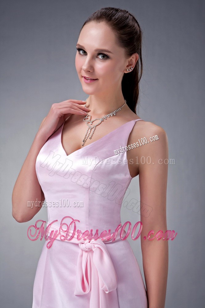 Baby Pink Column V-neck Knee-length Dress for Bridesmaid
