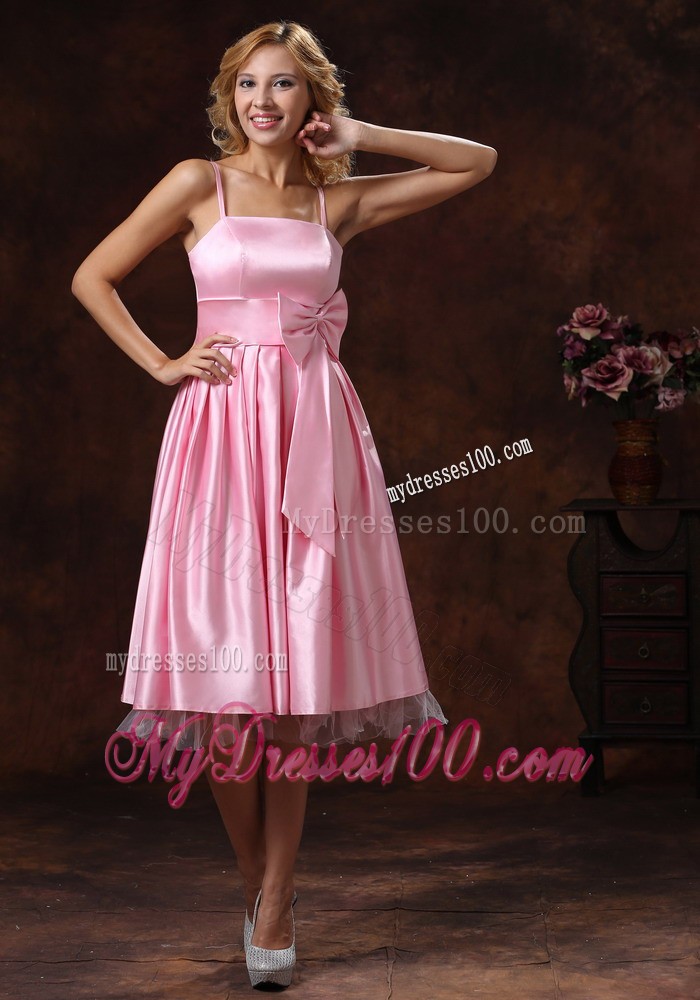 Spaghetti Straps Baby Pink Prom Dress With Sash to Tea Length