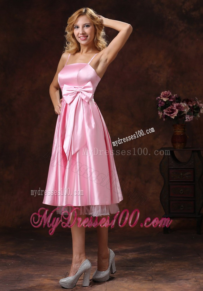 Spaghetti Straps Baby Pink Prom Dress With Sash to Tea Length