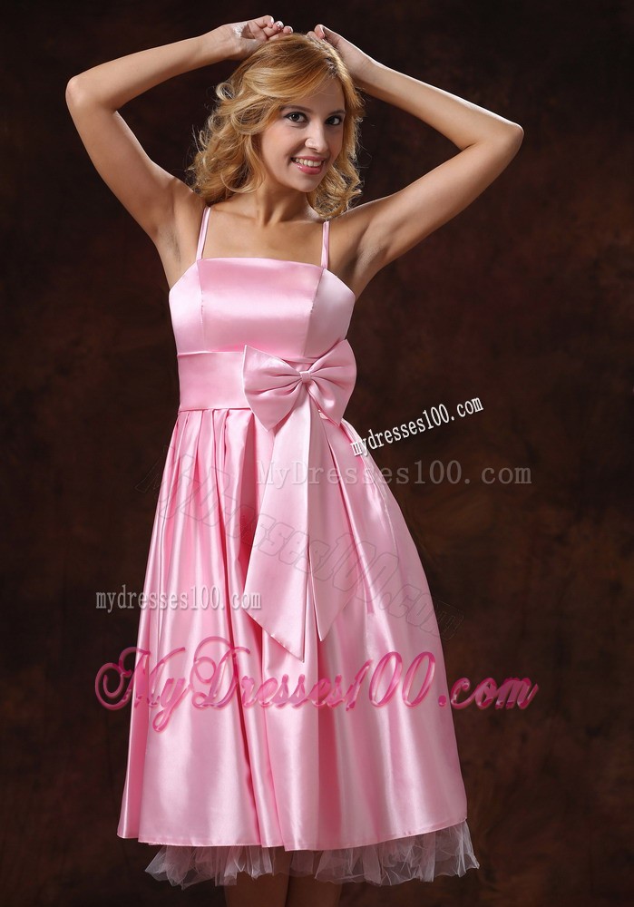 Spaghetti Straps Baby Pink Prom Dress With Sash to Tea Length