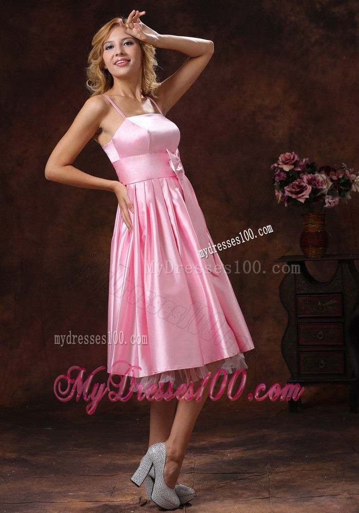 Spaghetti Straps Baby Pink Prom Dress With Sash to Tea Length
