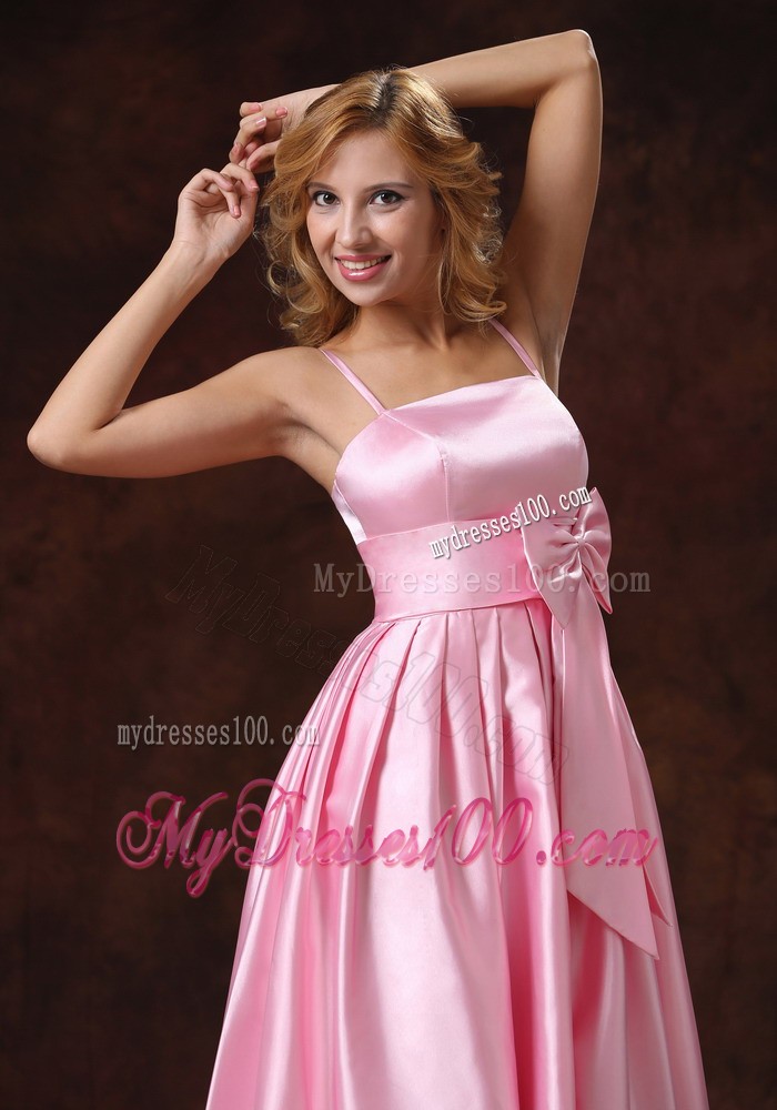 Spaghetti Straps Baby Pink Prom Dress With Sash to Tea Length