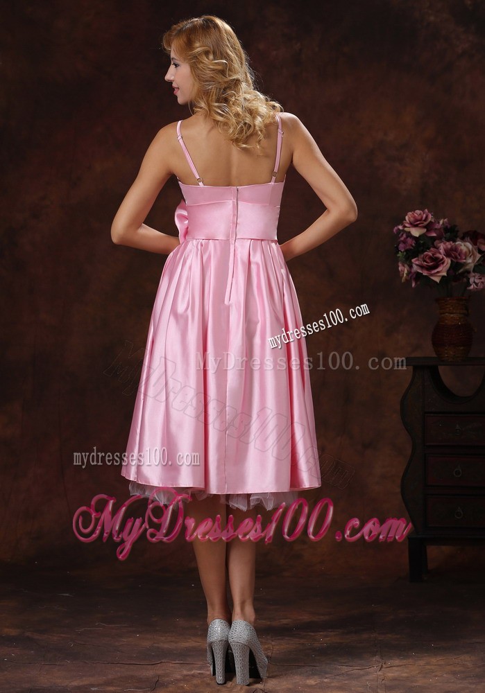 Spaghetti Straps Baby Pink Prom Dress With Sash to Tea Length