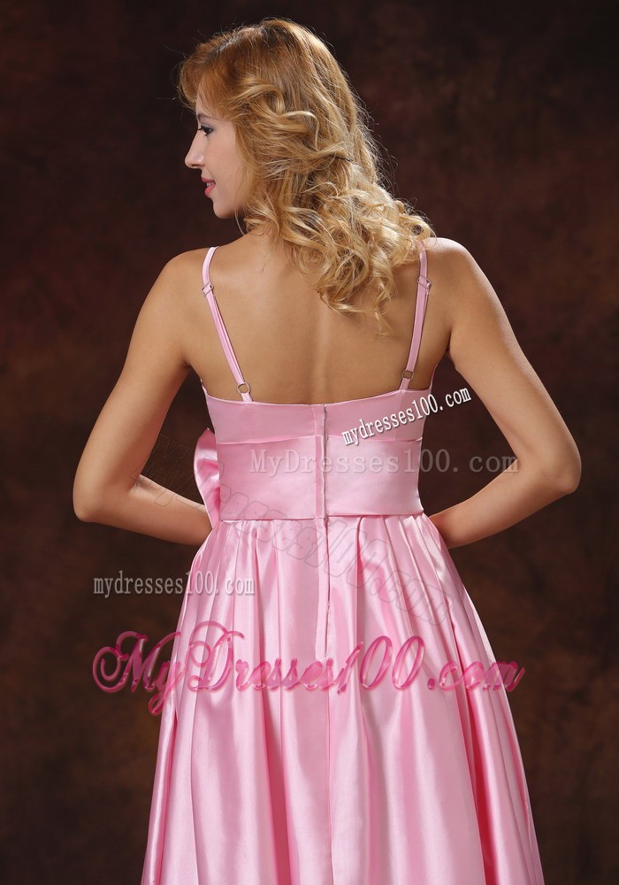 Spaghetti Straps Baby Pink Prom Dress With Sash to Tea Length