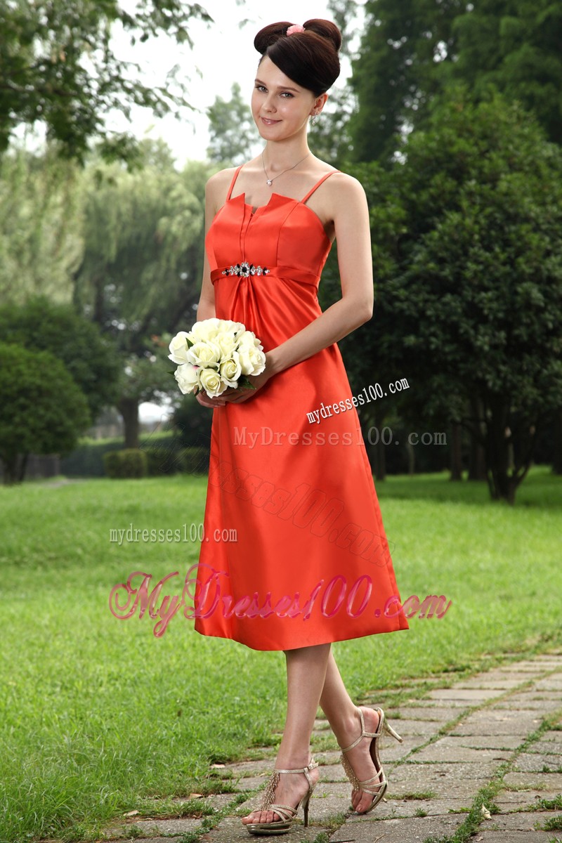 Orange A-line Tea-length Beading Prom Dress with Spaghetti Straps