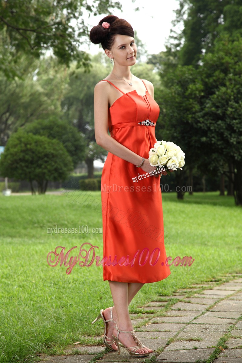 Orange A-line Tea-length Beading Prom Dress with Spaghetti Straps