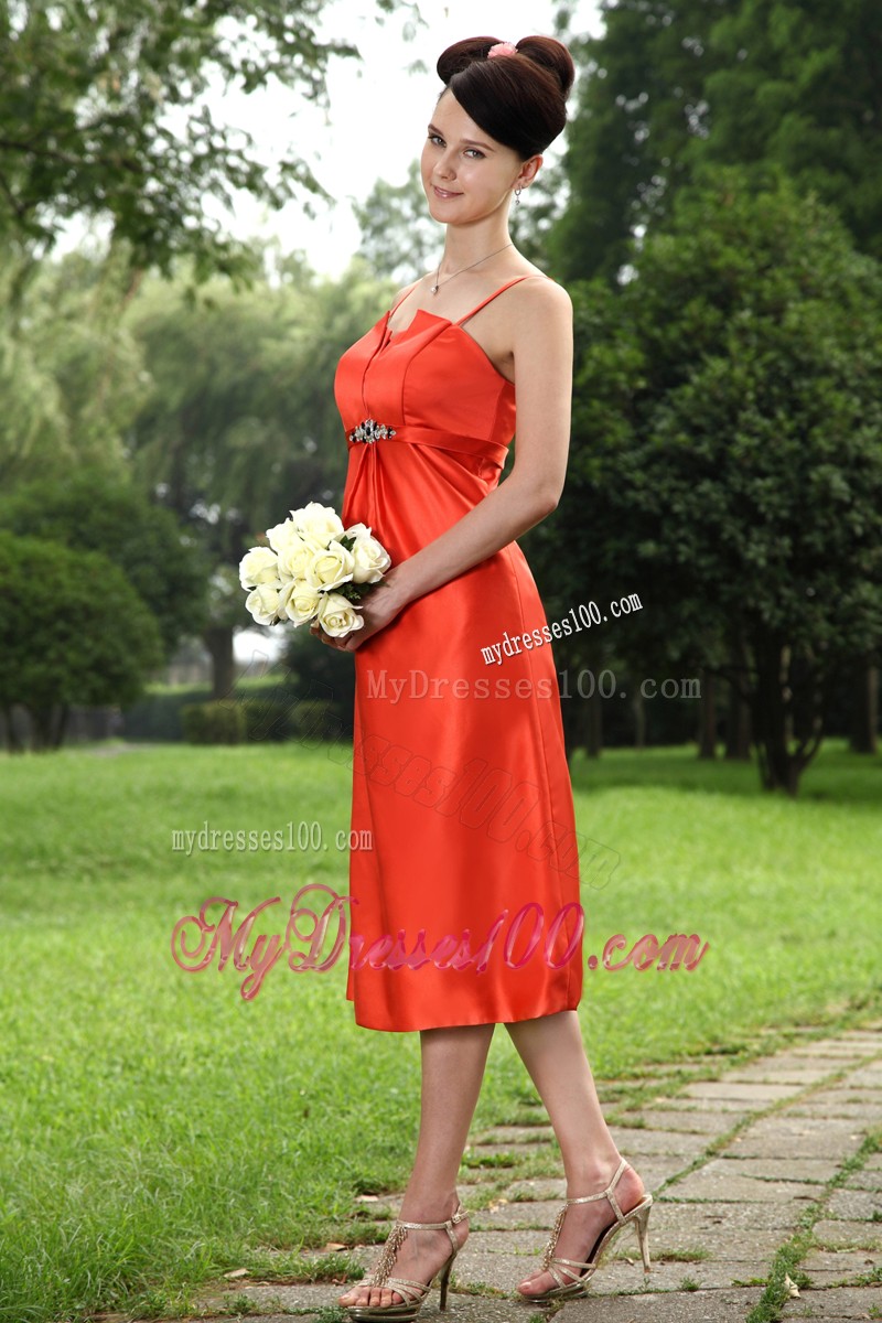Orange A-line Tea-length Beading Prom Dress with Spaghetti Straps