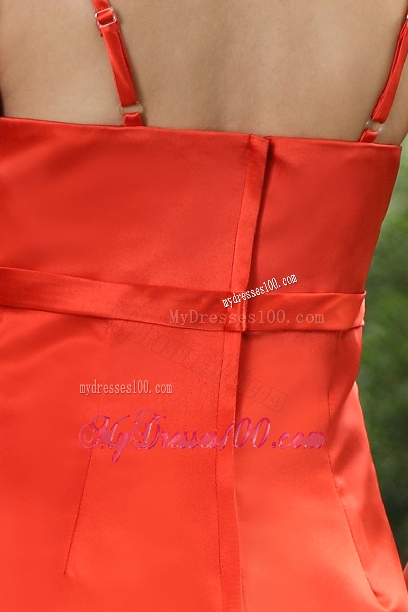 Orange A-line Tea-length Beading Prom Dress with Spaghetti Straps