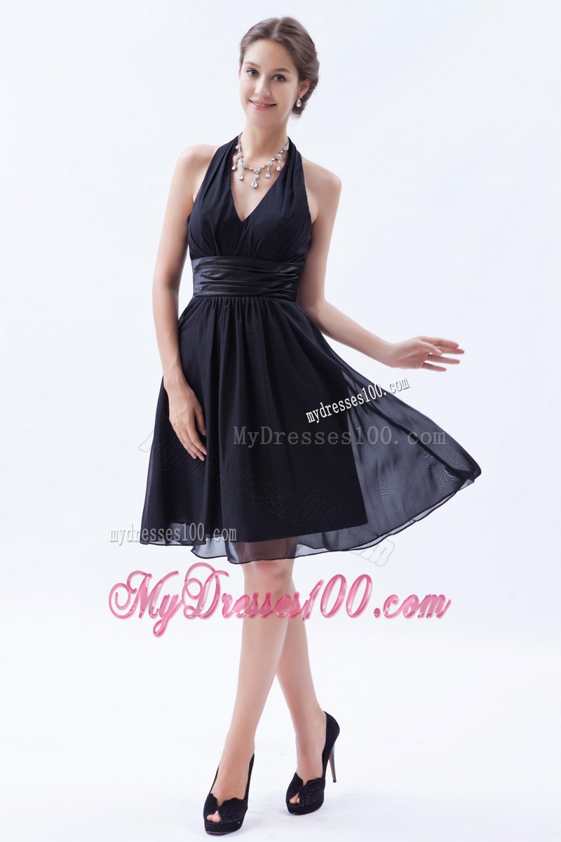 Black Deep V Neck Empire Halter Knee-length Ruche Prom Dress